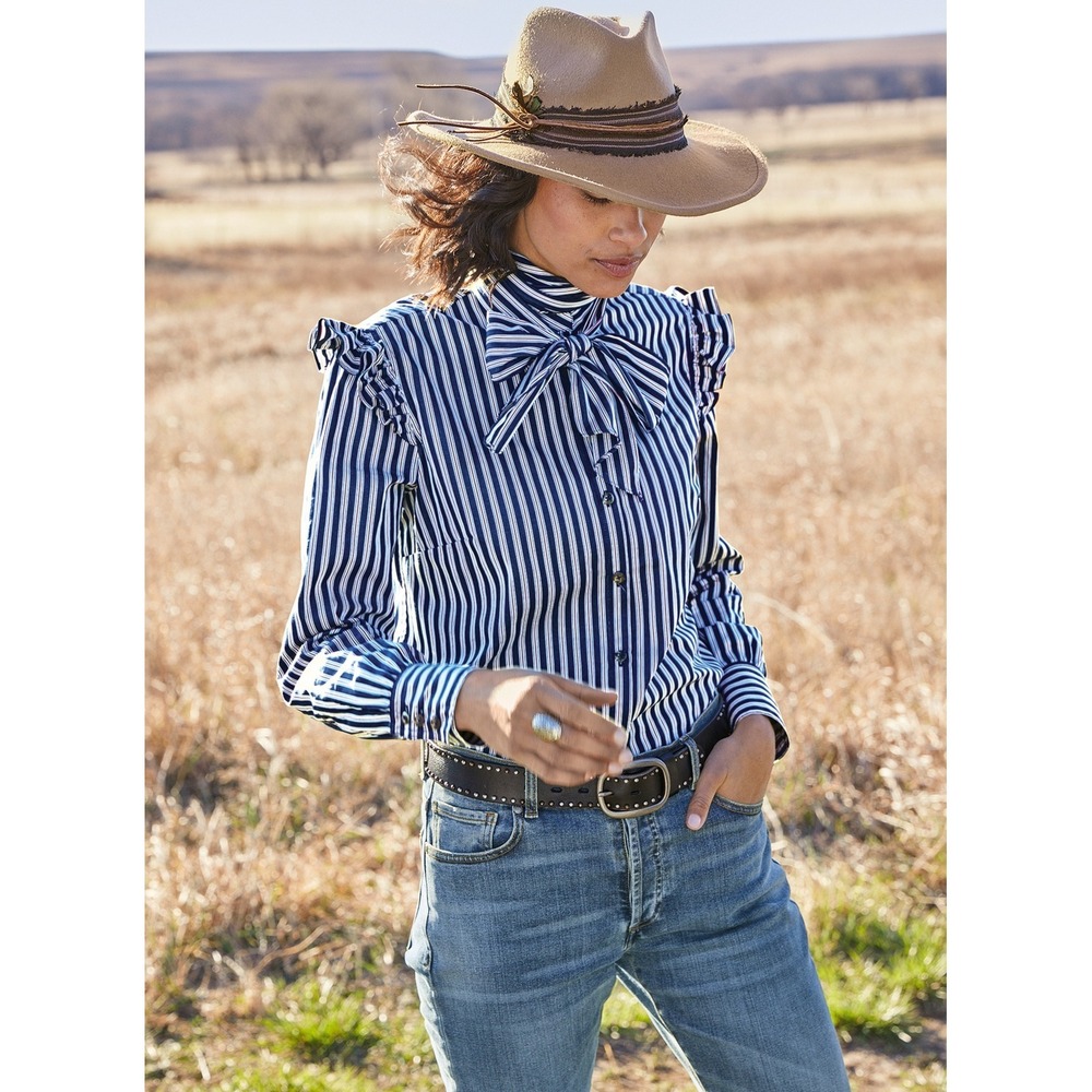 Peruvian Connection Shelby Striped Shirt Navy Blue Bow Ruffle Blouse M NEW